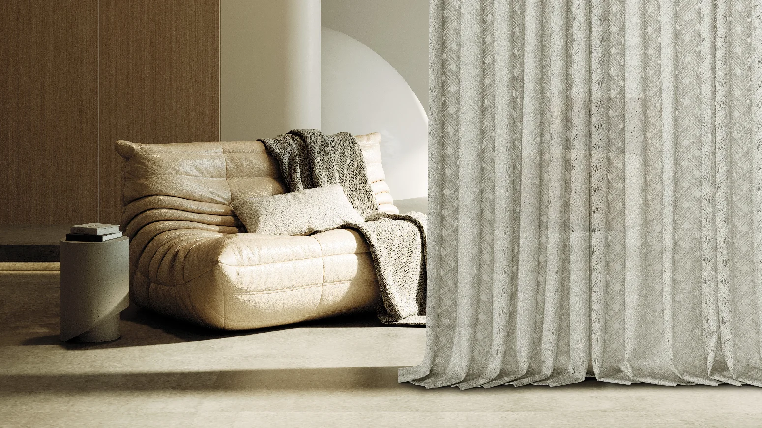 Cream-colored semi-sheer curtains in a Japandi-style living space with neutral tones and natural textures.