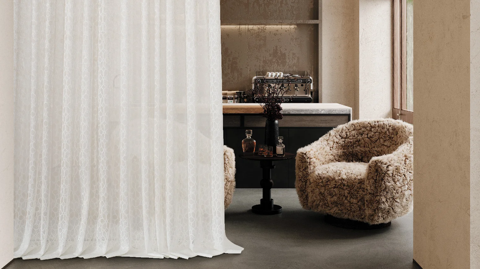 Elegant white jacquard sheer curtain in a cozy Japandi-style corner with textured armchairs and a modern coffee table.