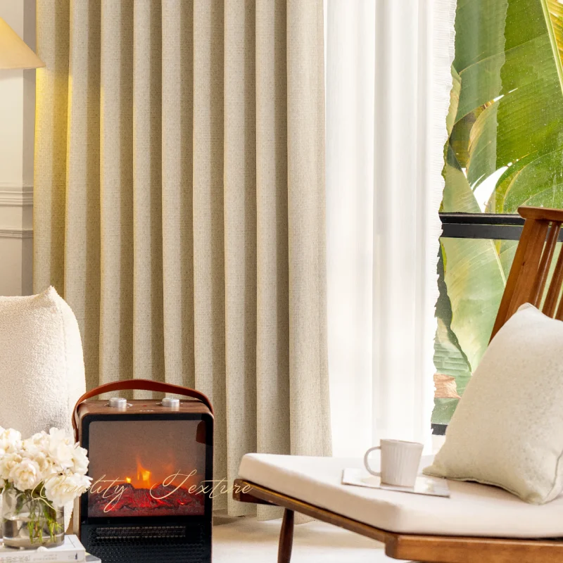 Elegance · High-Precision Curtain 10 Beige linen textured curtain with soft wave pleats in a cozy living room setting