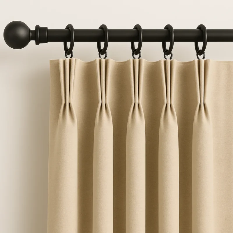 Beige curtain with pleated heading style hung on a black rod using black hooks