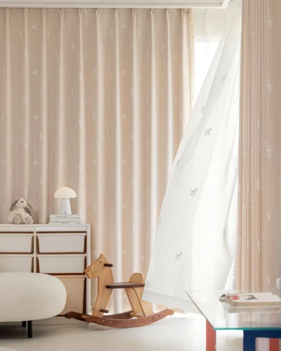 Rocking horse curtain in pastel pink – jacquard kids curtain softly filtering light