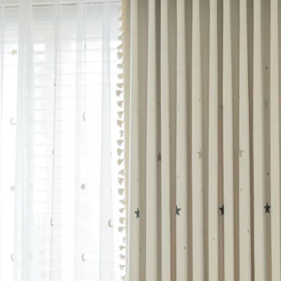 Double-layer curtain view showing Starry Weave outer jacquard with embroidered stars and inner sheer panel