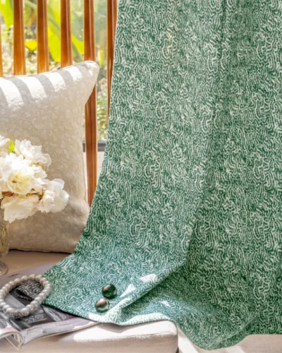 Green printed curtain with botanical maze pattern – Verdant Maze by Lemonhone