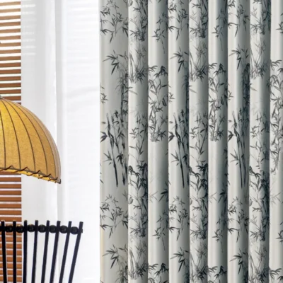 Ink bamboo curtain with vertical pleats and brushstroke bamboo pattern in soft light