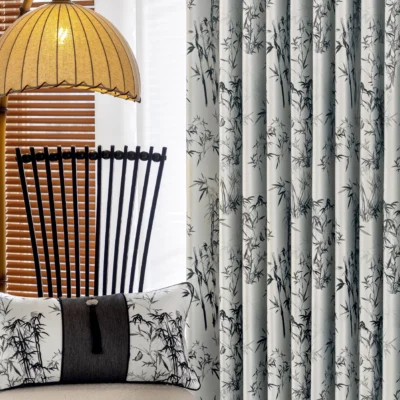 Ink bamboo curtain hanging with brushstroke bamboo pattern and soft pleats in a modern interior