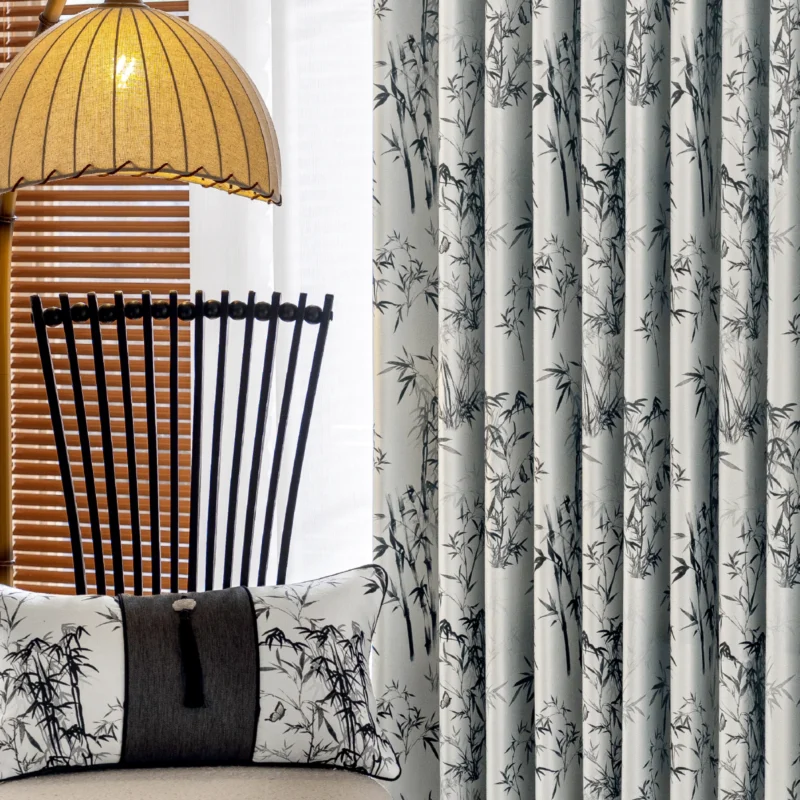Ink bamboo curtain hanging with brushstroke bamboo pattern and soft pleats in a modern interior