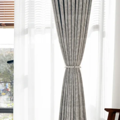 Botanic jacquard curtain with sheer layers in bright room setting