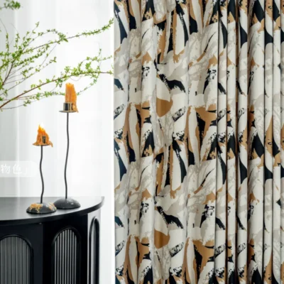 bold abstract floral curtain in living room close-up