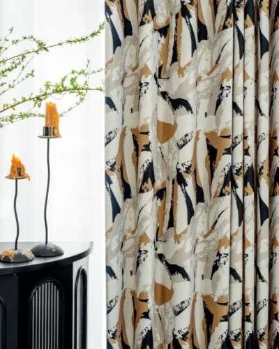 bold abstract floral curtain in living room close-up