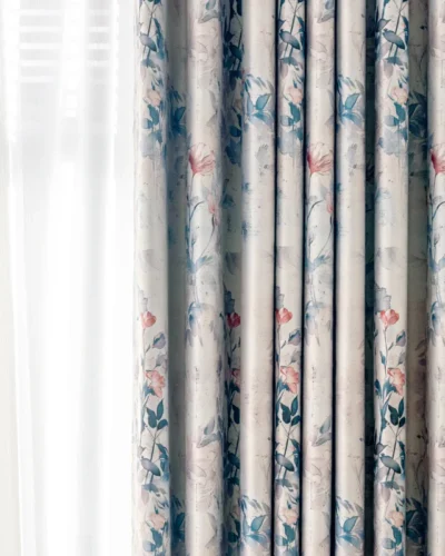 Close-up of Dreamy Meadow floral curtains softly draping by the window, showcasing elegant watercolor pattern and light filtering quality