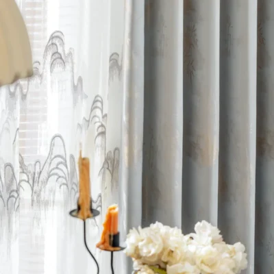 Zen Bamboo Curtain close-up with soft bamboo pattern and ink wash texture in a modern room