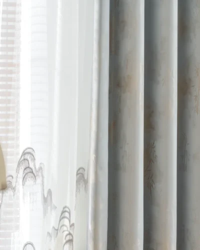 Zen Bamboo Curtain layering effect with sheer panel and bamboo weave