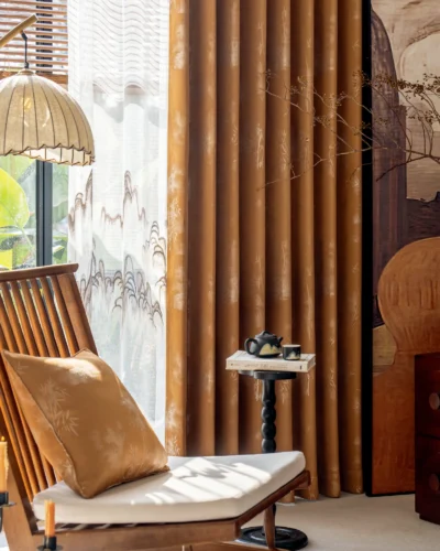 Zen Bamboo Curtain styled in a natural wood interior with warm daylight