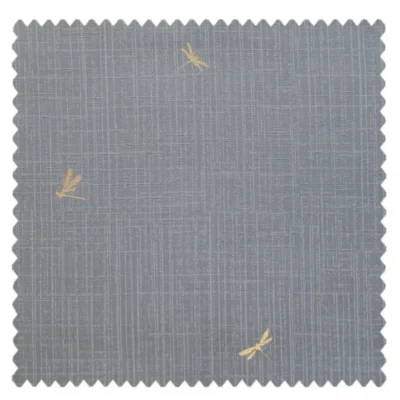 Close-up of Dragonfly Whisper Curtain fabric with subtle dragonfly embroidery on a high-density minimal weave.