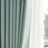 Soft blue dragonfly curtain with pleated folds and sheer panel behind.