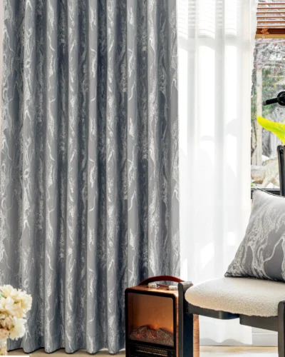 Stone vein curtain in grey with elegant jacquard texture, styled in a cozy modern living room