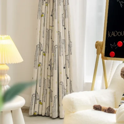 Children’s room with giraffe print curtains, cozy decor, and natural light