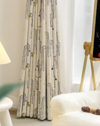 Children’s room with giraffe print curtains, cozy decor, and natural light