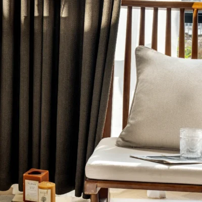Earthline Curtain in charcoal brown styled with neutral-toned decor – soft woven texture and natural daylight by Lemonhone.