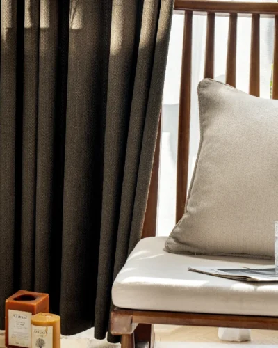 Earthline Curtain in charcoal brown styled with neutral-toned decor – soft woven texture and natural daylight by Lemonhone.