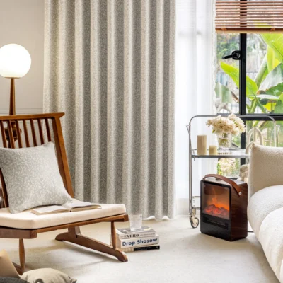 Floral Realm Curtain in warm beige, displayed in a Japandi-style living room with natural light