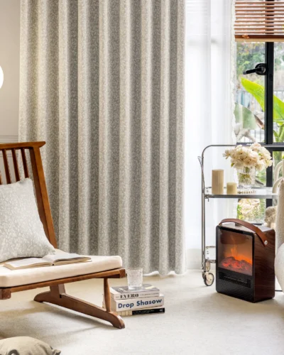 Floral Realm Curtain in warm beige, displayed in a Japandi-style living room with natural light