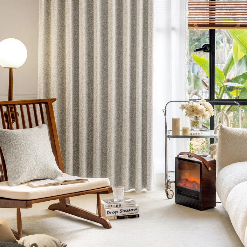 Floral Realm Curtain in warm beige, displayed in a Japandi-style living room with natural light
