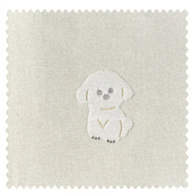 Lemonhone Friendly Pup Curtain fabric swatch – beige jacquard with embroidered dog design for kids’ interiors
