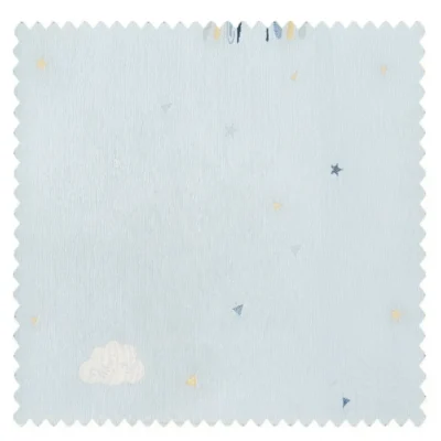 Sky Rainbow Curtain fabric swatch – light blue jacquard with rainbow and cloud pattern