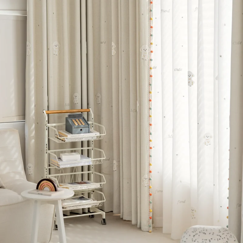 Lemonhone Friendly Pup Curtain in beige – embroidered jacquard drapes with pompom trim for kids’ spaces