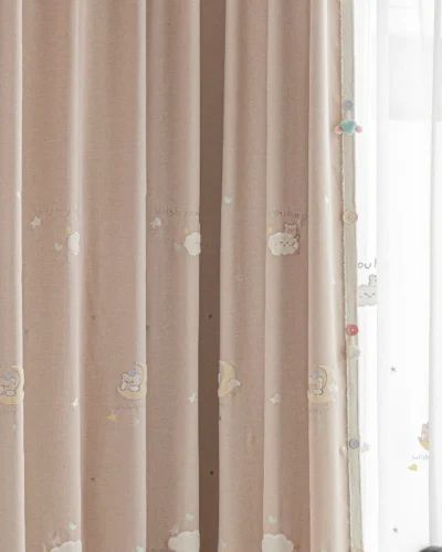 Soft brown-pink kids curtain with heart and dot embroidery, perfect for children’s rooms.