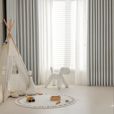 Blush Sweet Curtain in kids' room with soft pastel stripes and jacquard texture
