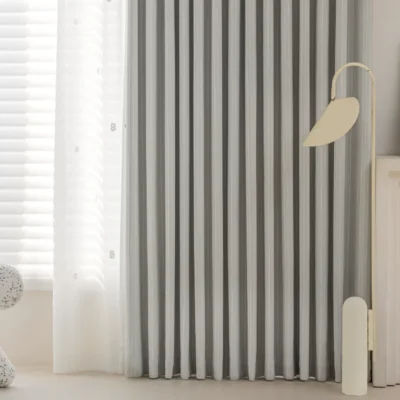 Blush Sweet Curtain in soft grey stripes with light-filtering jacquard texture, shown in a modern kids’ room