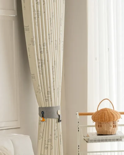 Close-up of Playful Construction Curtain hanging in a child’s room