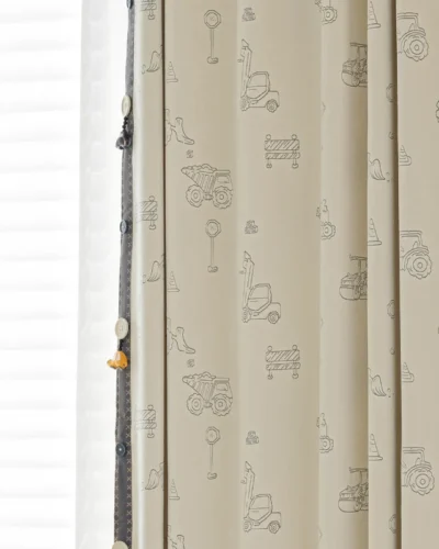 Side view of Playful Construction Kids Curtain with jacquard truck motifs