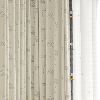 Playful Construction Curtain with Trucks and Forklifts for Boys’ Room
