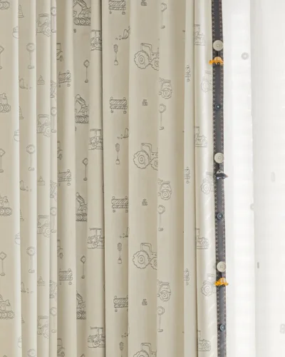 Playful Construction Curtain with Trucks and Forklifts for Boys’ Room