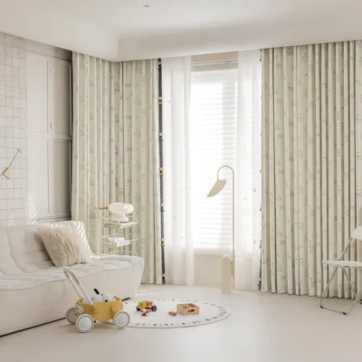 Kids' room with playful construction jacquard curtain and cozy neutral decor