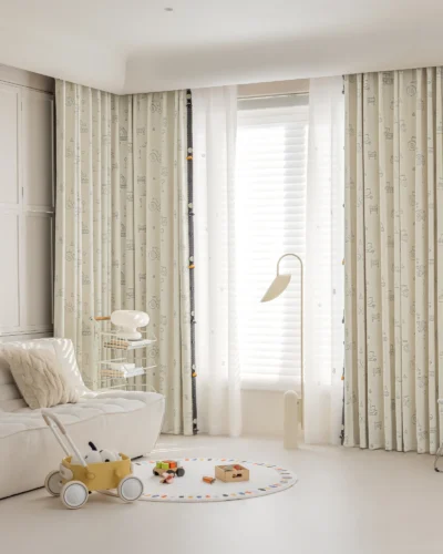 Playful Construction Curtain with Trucks and Forklifts for Boys’ Room