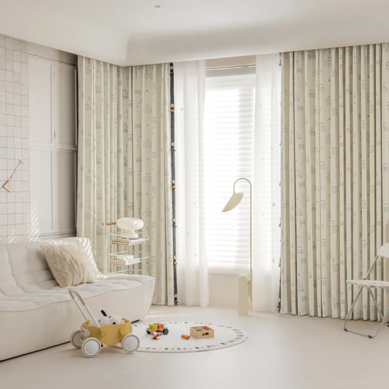 Kids' room with playful construction jacquard curtain and cozy neutral decor