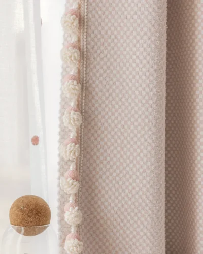 Pink mosaic jacquard curtain with decorative trim detail and sheer layer