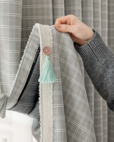 Close-up of Whisper Glow Curtain with soft British plaid jacquard texture and hand-holding detail