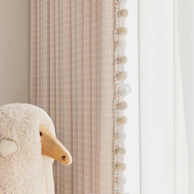 Gridline Whisper Curtain with pompom edge and sheer layer – modern soft detail for calm interiors