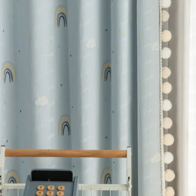 Sky Rainbow Curtain in blue with jacquard rainbow and sun pattern