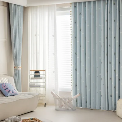 Sky blue jacquard curtain hanging in a modern living room with soft lighting