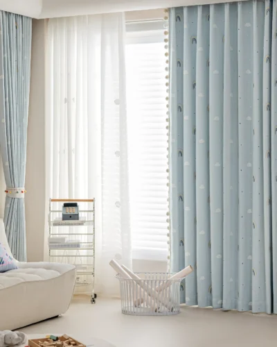 Sky blue jacquard curtain hanging in a modern living room with soft lighting