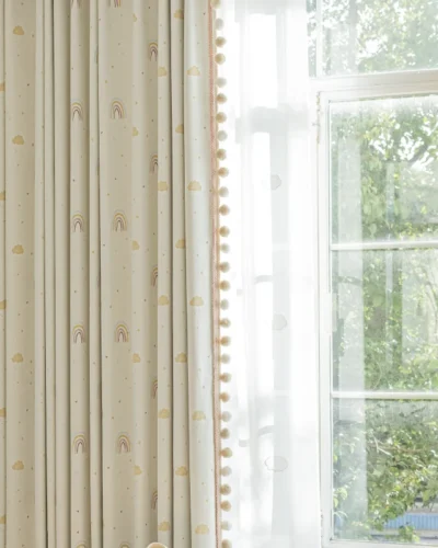 Sky Rainbow Curtain fabric swatch – beige jacquard texture with rainbow and cloud motifs