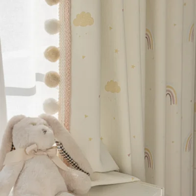 Jacquard curtain with cloud and rainbow embroidery in soft neutral tones