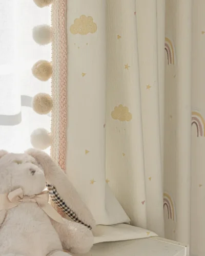 Jacquard curtain with cloud and rainbow embroidery in soft neutral tones