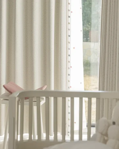 Sky Glaze Curtain in a soft modern room with light-filtering jacquard fabric and sheer layering